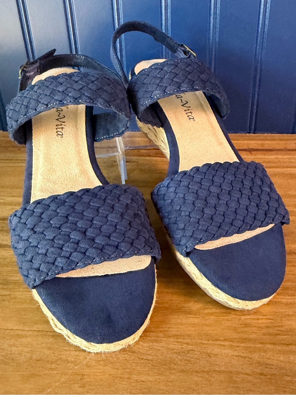 Bella Vita Mariella Navy Suede Espadrille Wedge Sandals NIB
